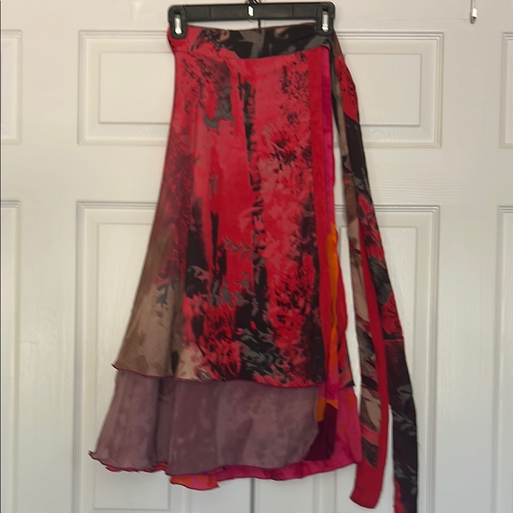 Multicolor RedBlack High-Low Asymmetrical 100% Silk Multi Wear Wrap Skirt Sarong